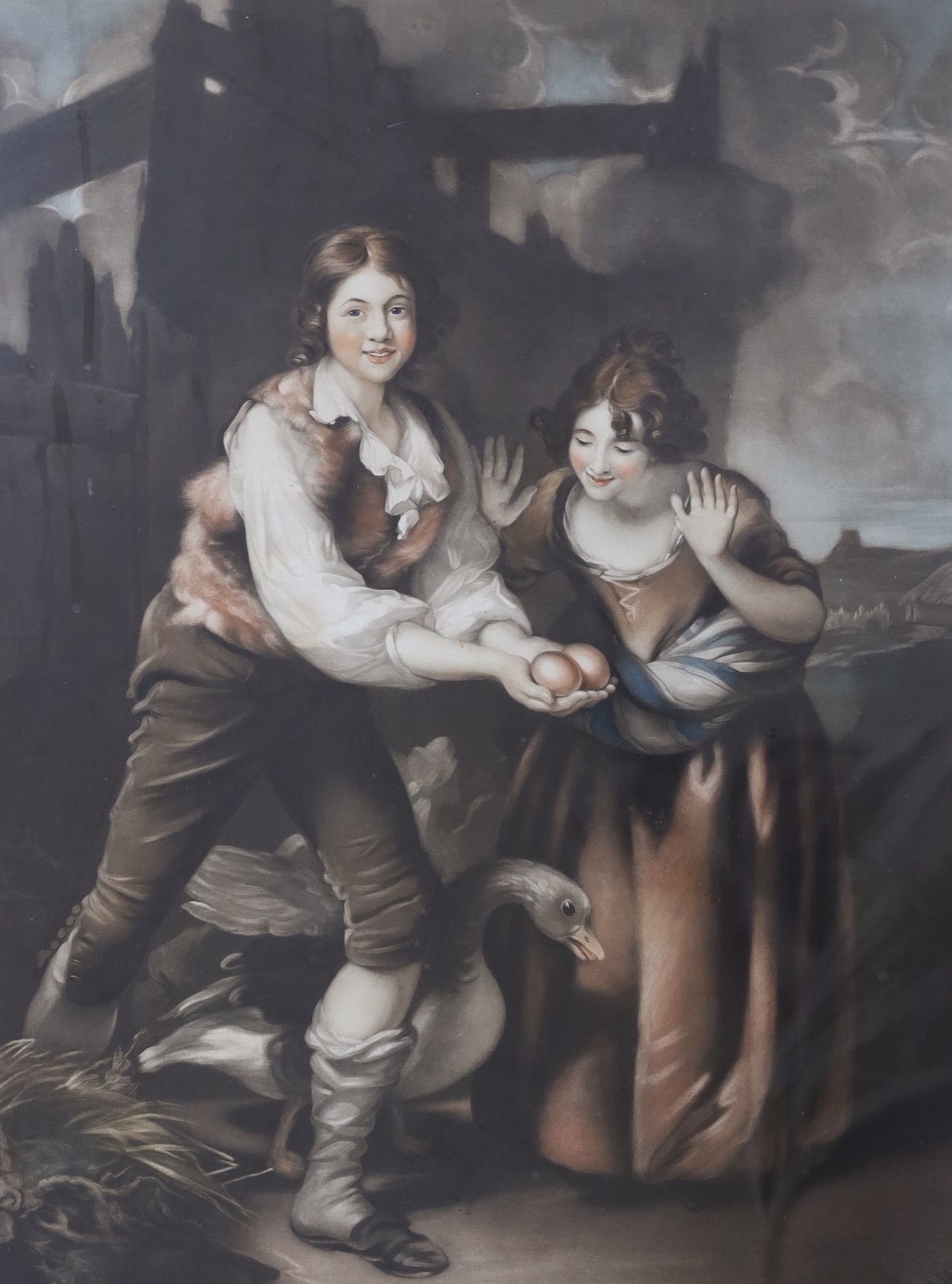 John Young after Richard Morton Paye, pair of colour mezzotints, 'The boy discovering the golden eggs' and 'The boy disappointed of his treasure', 61 x 47cm, rosewood framed